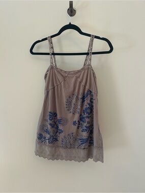 Women’s Lace-Trim Tank Top in Taupe with Blue Floral Print